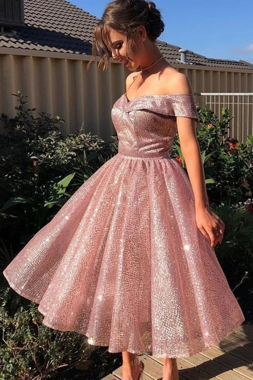 Rose Gold Off The Shoulder Sequin Tea Length Prom Dress