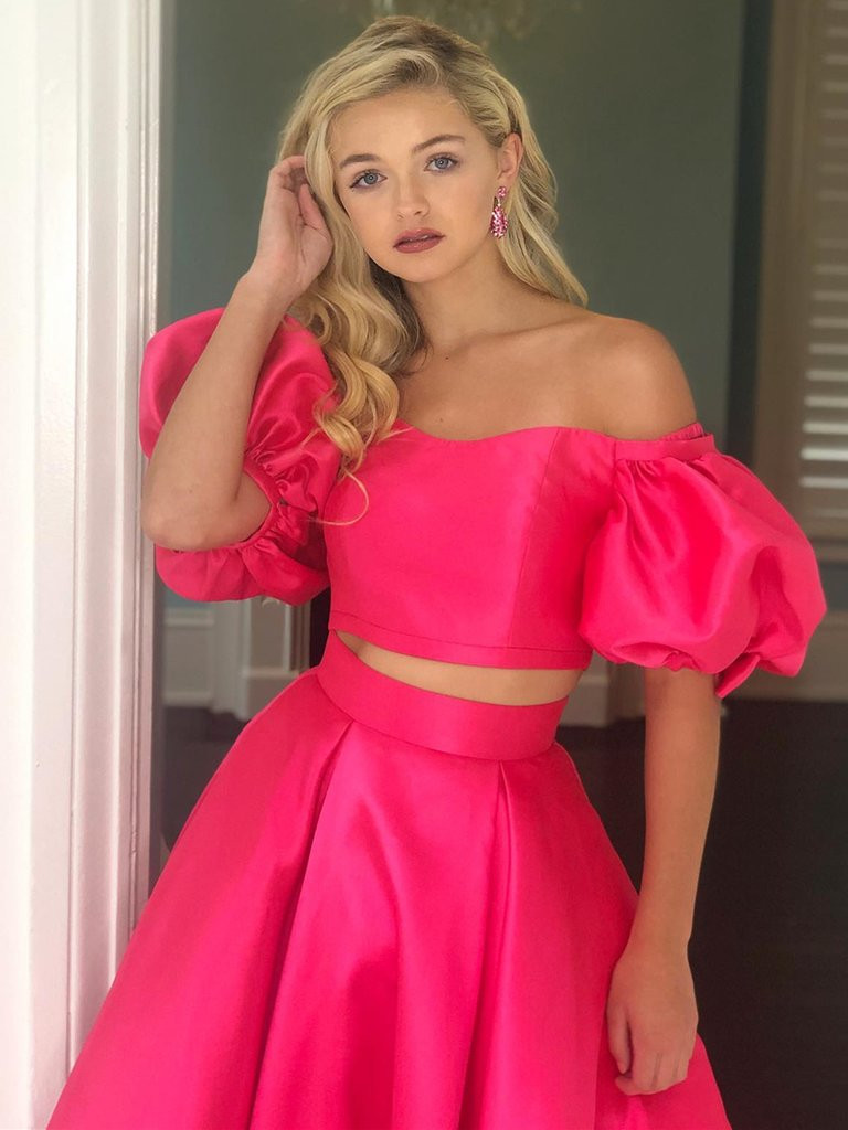 Shop 2021 Fuchsia Puffy Sleeve Two Piece Satin Long Prom Dress Under 145