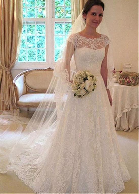 Lace Jewel Neckline Long A-line Wedding Dress With Belt