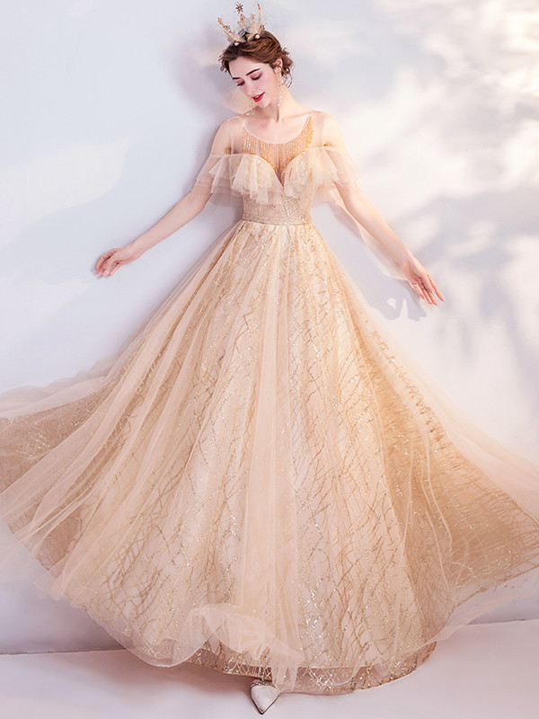champagne prom dresses 2021 Charming Champagne Prom Dresses 2021 Ball Gown V-Neck Appliques Pearl Sequins Lace Flower Sleeveless Backless Floor-Length / Long Formal Dresses