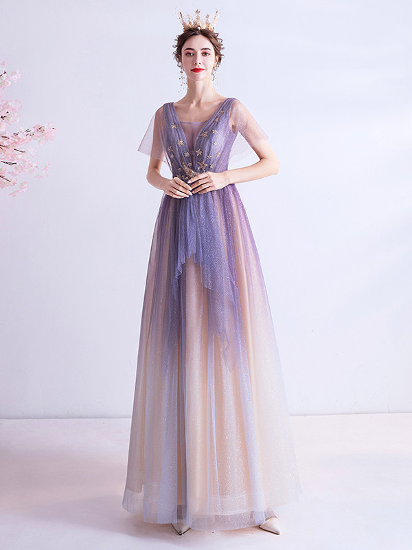 Shop 2021 Purple V Neck Star And Moon Sequin Tulle Prom Dress Under 129