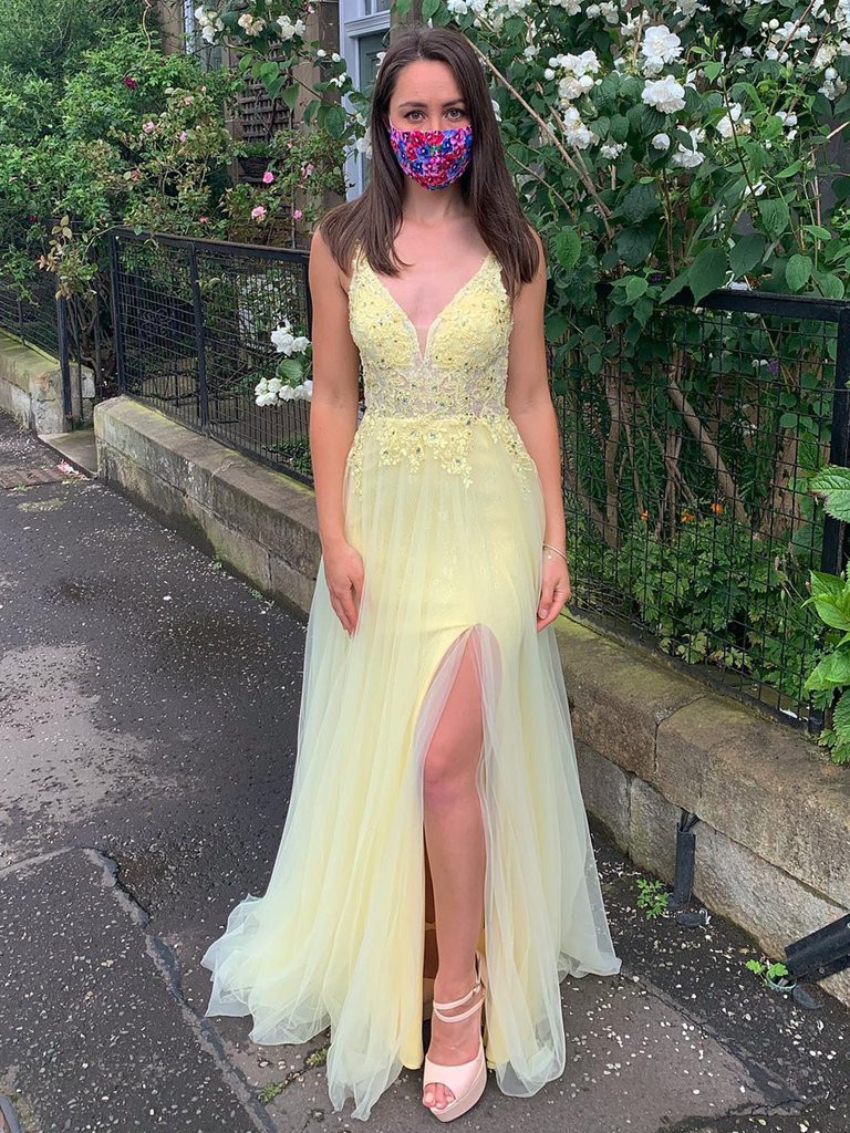 daffodil yellow prom dress Daffodil Lace Thin Straps Corset Trumpet Prom Dress