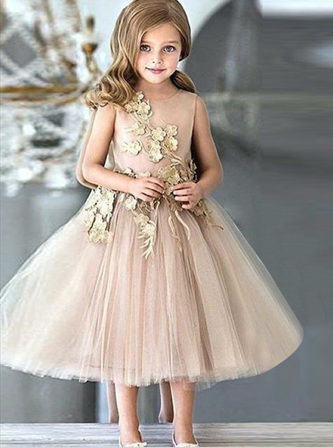 Champagne A Line Tulle Flower Girl Dress with Appliques