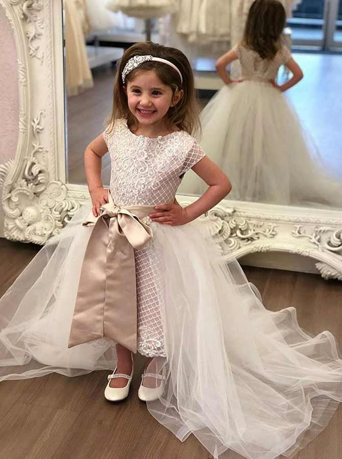 Detachable Train Short Sleeve White Lace Flower Girl Dress