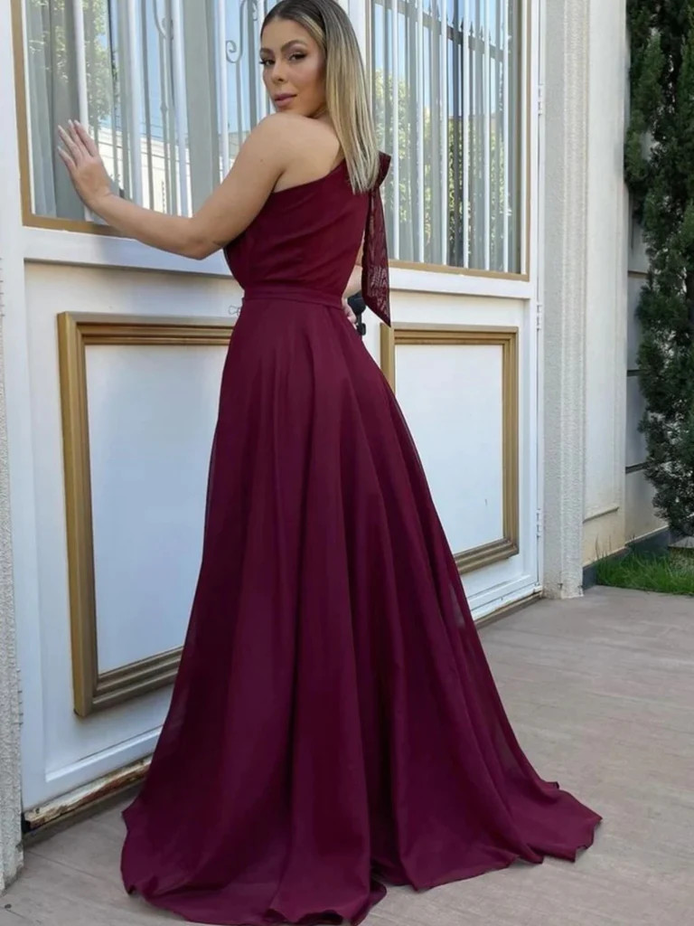 One Shoulder Maroon A lLine Chiffon Long Prom Dress