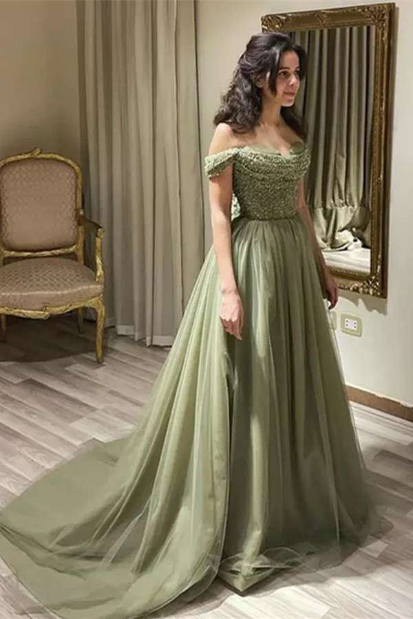 off the shoulder prom dresses 2023 A-line Off-the-Shoulder Short Sleeve Sweep Train Satin Prom Dress with Pleated Split S7849P - Prom Dresses