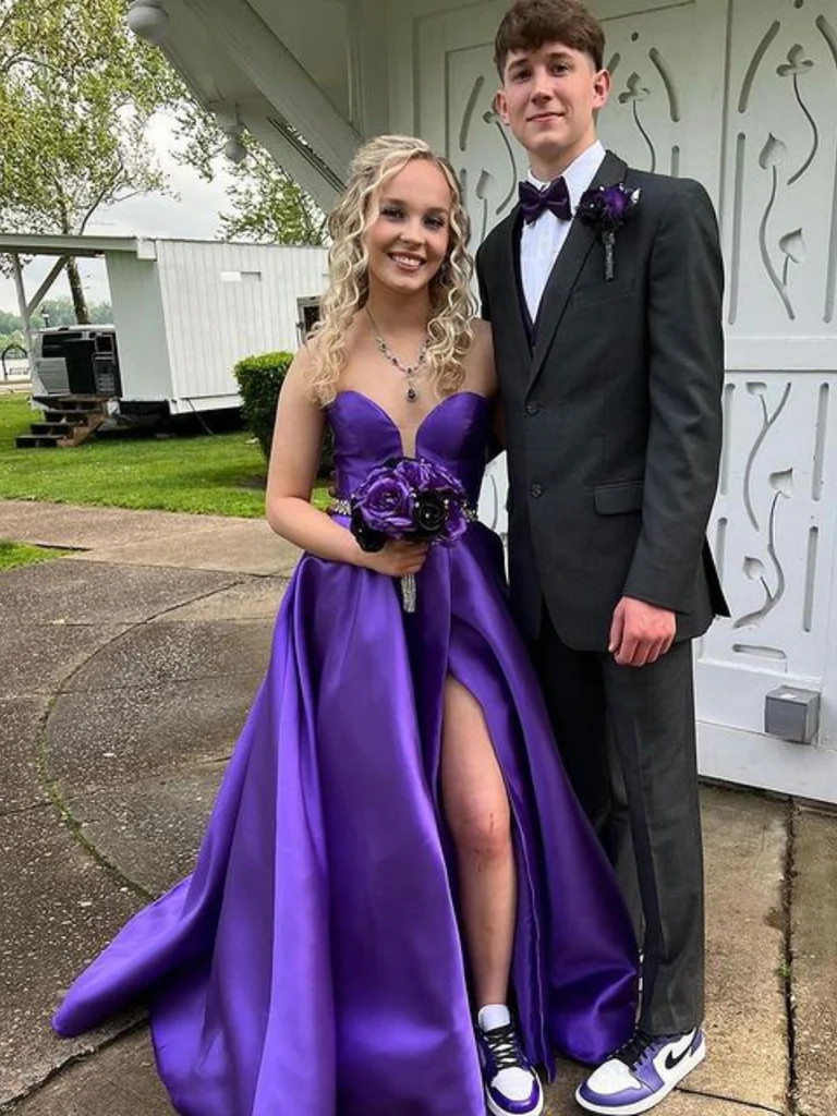 Shop 2023 ANNAKOO Purple Satin V Neck Long Slit Prom Dress with