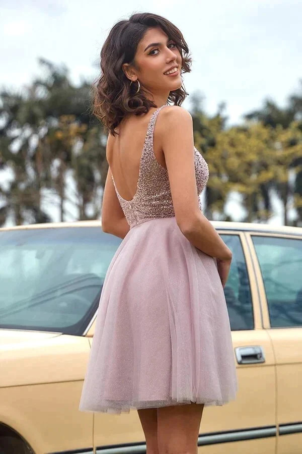 chinese dress ladies Pink Sequin Deep V-neck Sweetheart Short Homecoming Dresses – Hoprom