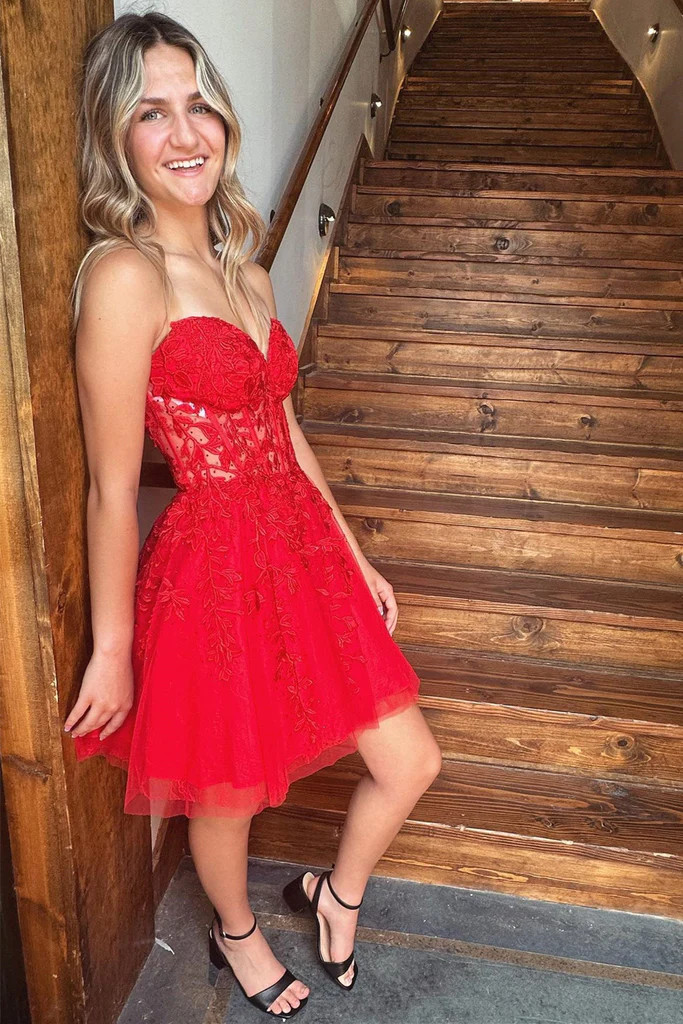 red homecoming dress 2023 Sparkly Red Tulle Homecoming Dress 2023 with Long Sleeves – DressCulture