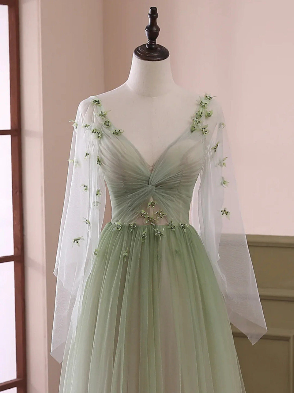 Shop 2023 ANNAKOO Light Green Tulle Long Sleeve 3D Flower Prom