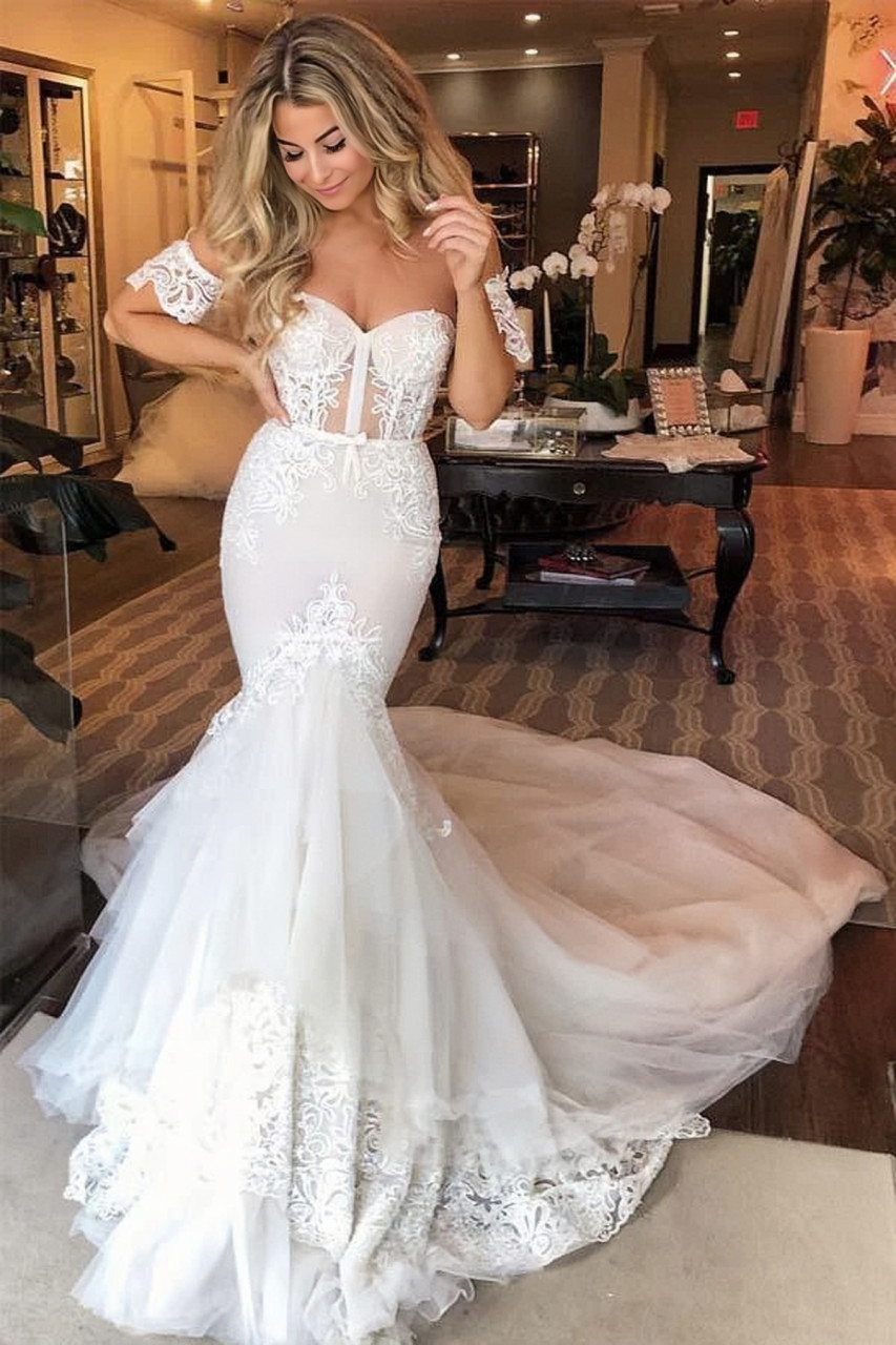 Shop 2023 ANNAKOO Sweetheart Short Sleeve Lace Trumpet Mermaid Wedding Dress  Under 269