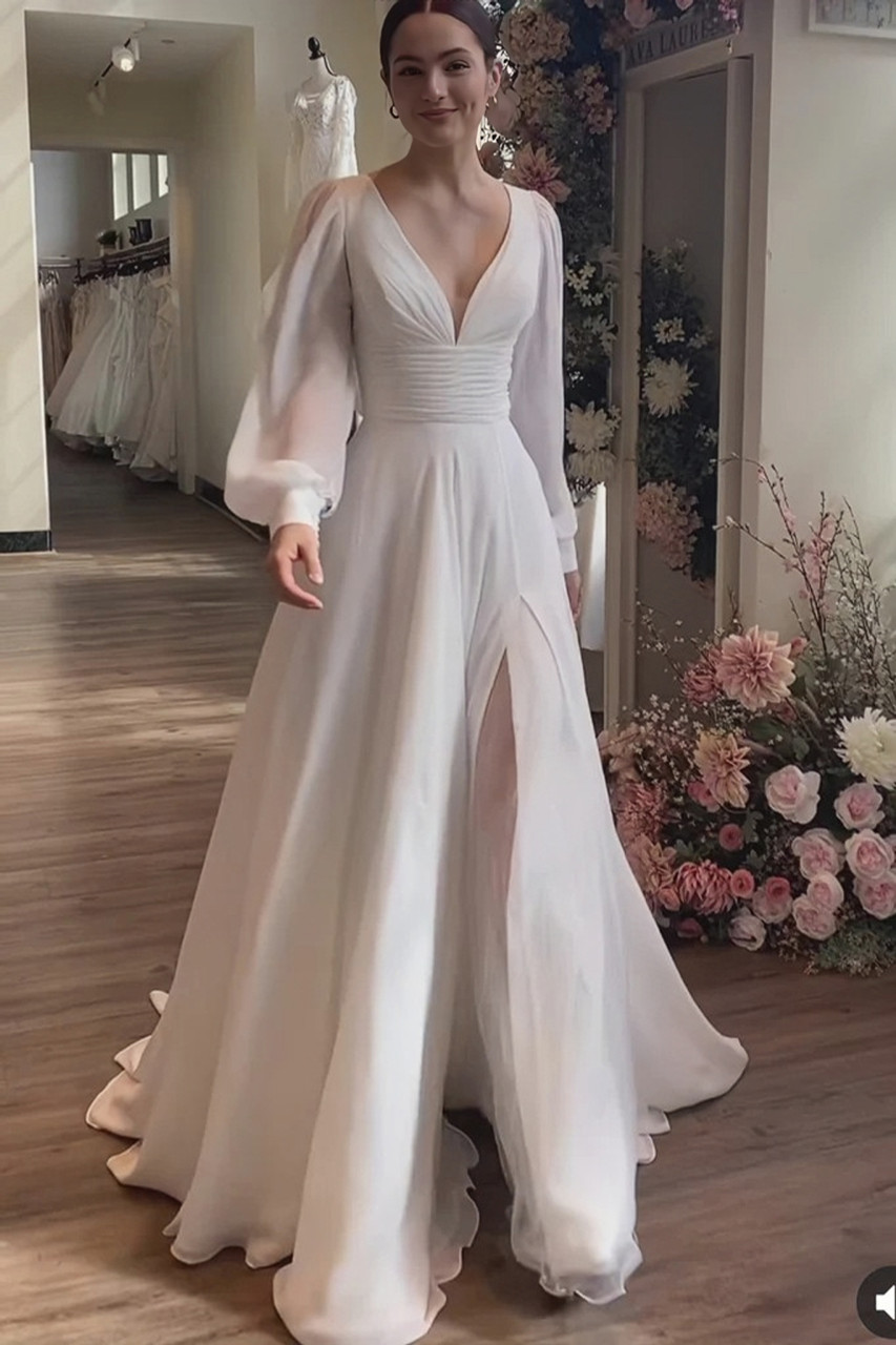 Long Sleeve Chiffon V Neck A Line Wedding Dress With Slit