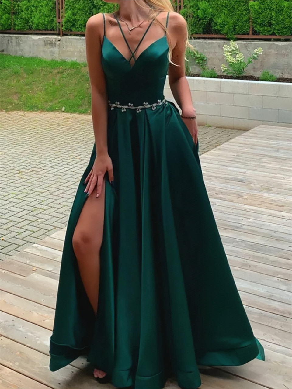open lace back dress LTP0270,Square neck long prom dress dark green high slit prom dresses –  Laylatailor Shop main image 1