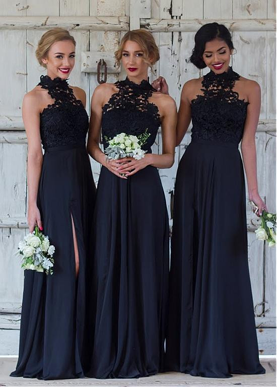 Slit Lace & Chiffon High Collar A-line Bridesmaid Dress