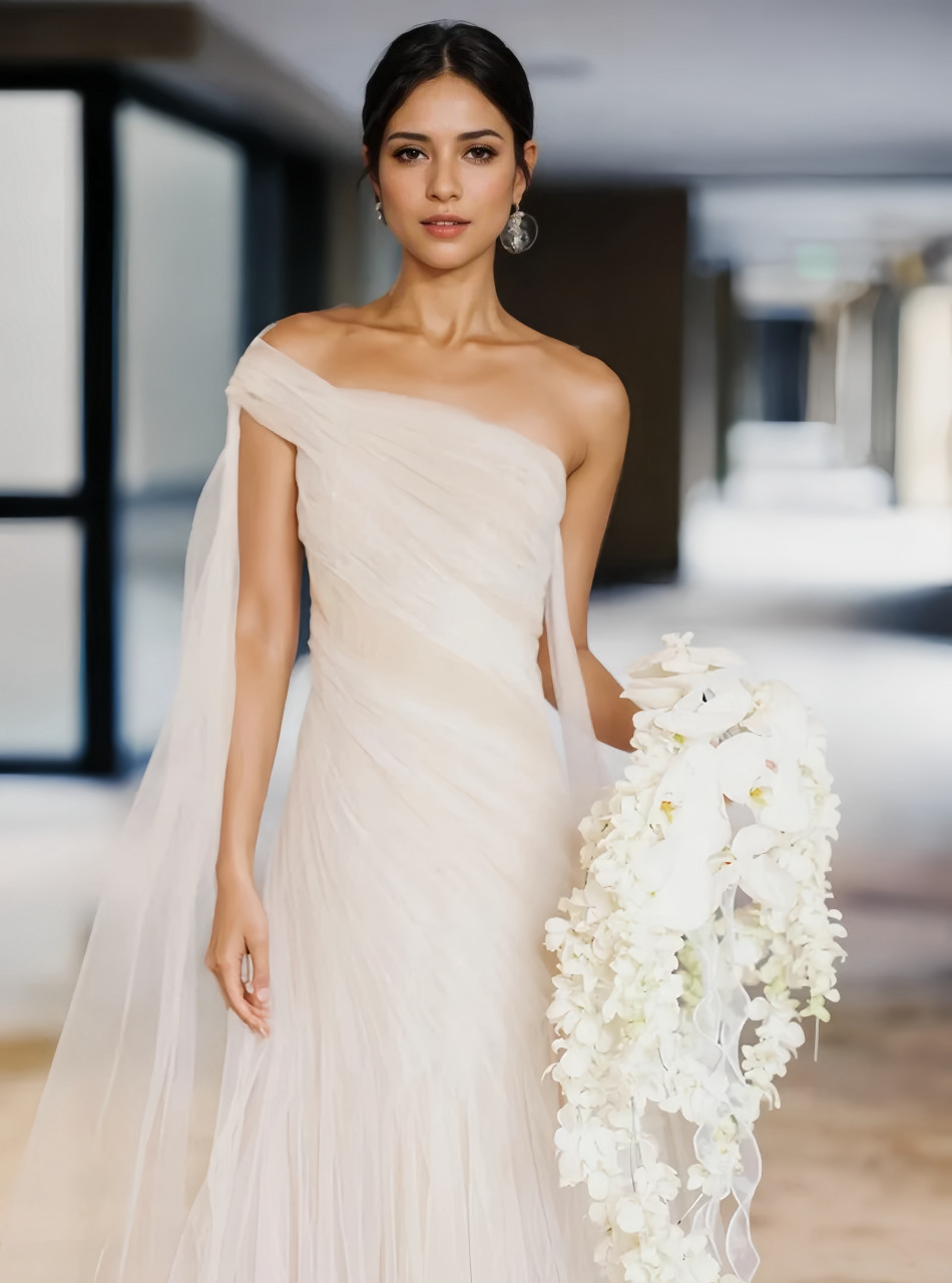 layered tulle one shoulder a line wedding dress Beaded One Shoulder Lace Tulle Long A-line Wedding Dress Brydealo