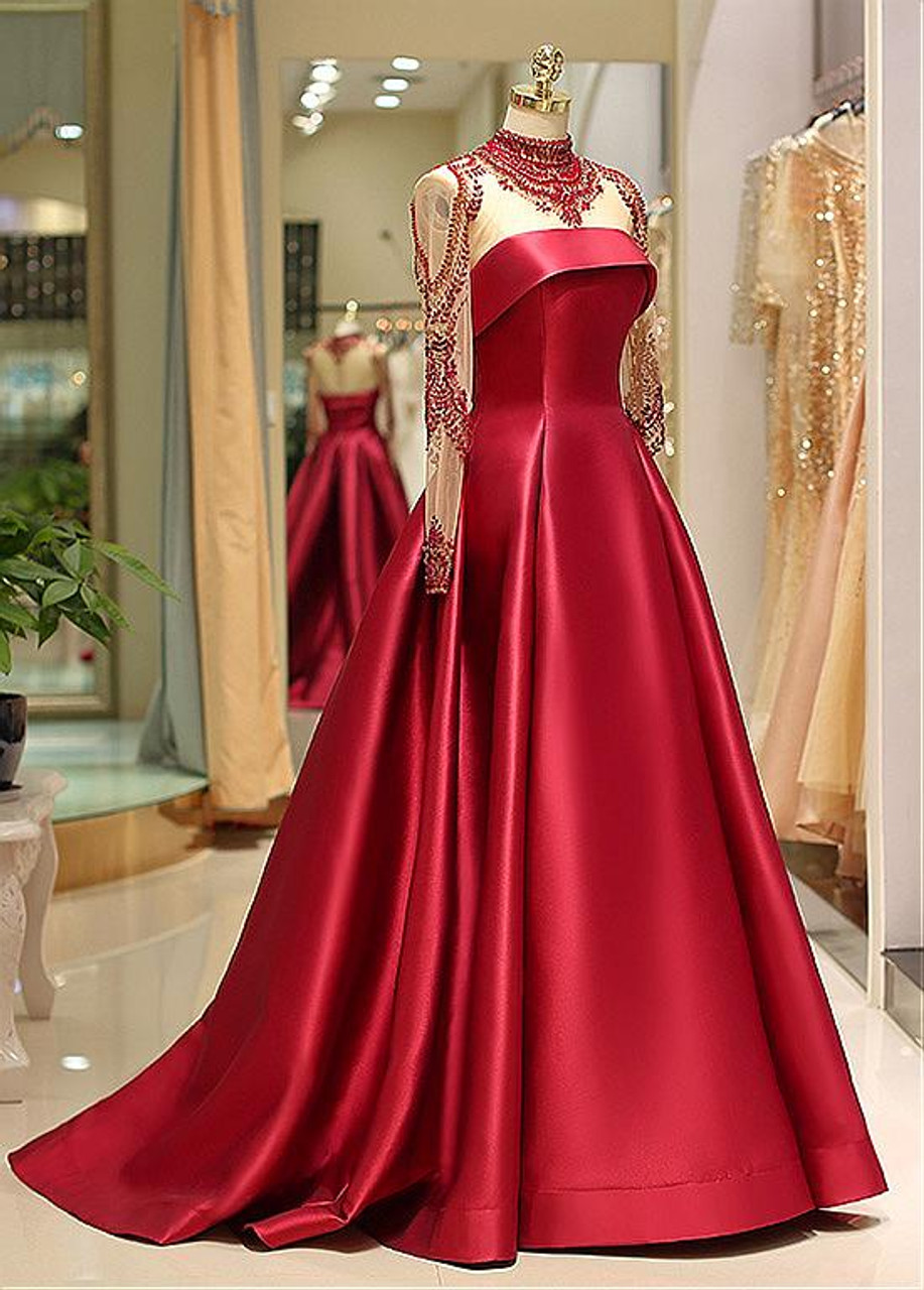 Long Sleeve Gold Tulle Jewel Neckline Beadings Floor-length Prom Evening  Dress
