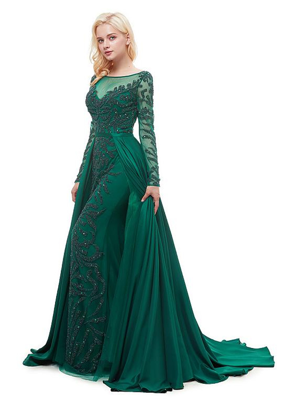 green bateau neckline dress