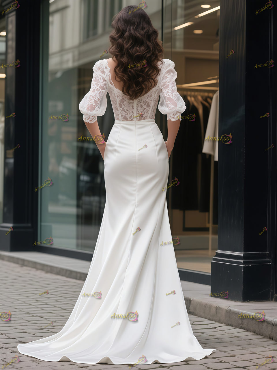 Lace Puffy Sleeve Trumpet Mermaid Satin Pockets Wedding Dress With Slit