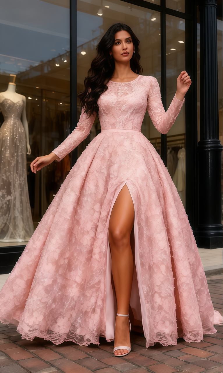 strapless open back dress Pink V-neck Prom Dresses Long Sleeves Evening Dress, SP690