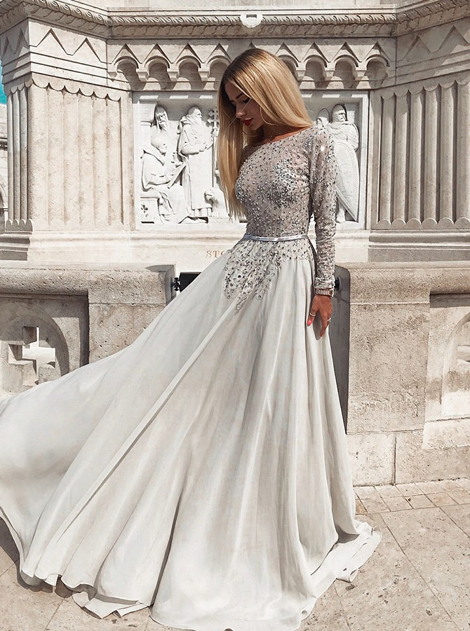 Pearls Grey Long Sleeves Backless Prom Evening Dress
