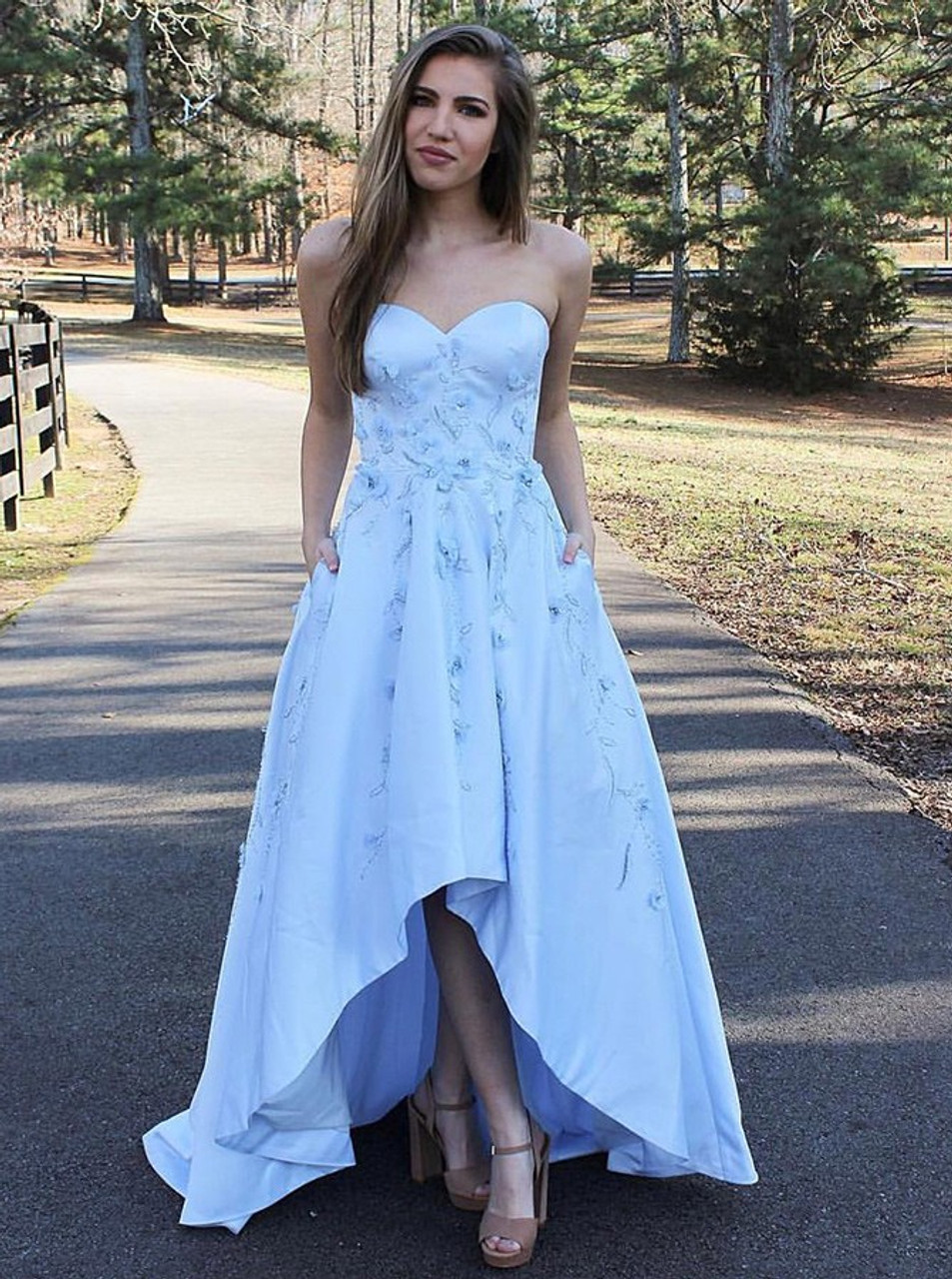 A-Line Sweetheart High Low Light Blue Lace Prom Dresses with