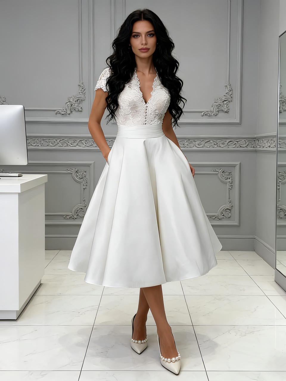 Shop 2026 ANNAKOO Cap Sleeve Tea Length Lace A Line Wedding Dress With  Pockets Under 159