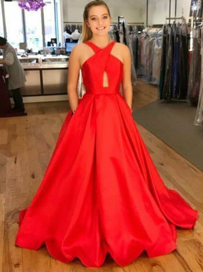 red satin prom dress with pockets