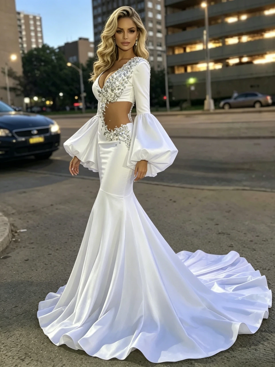 White cut-out beading trumpet mermaid long sleeve prom dress by ANNAKOO