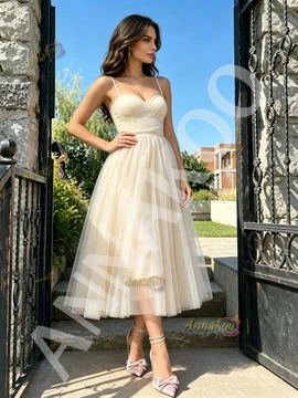 Shop 2026 ANNAKOO White Spaghetti Straps A Line Tulle Tea Length Homecoming Dress Under 99
