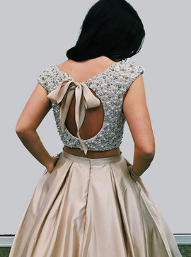 Two Piece Beading Pockets Backless Open Back Satin Prom Dress 