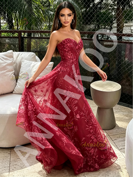 Shop 2026 ANNAKOO Burgundy Lace Sweetheart A Line Tulle Prom Dress Under 189