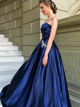 Pockets Beading Spaghetti Straps Navy Blue Satin Prom Dress