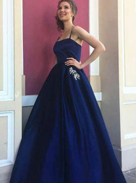 Pockets Beading Spaghetti Straps Navy Blue Satin Prom Dress