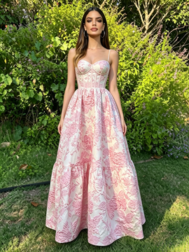 Shop 2026 ANNAKOO Spaghetti Straps Pink Satin Print A Line Prom Dress Under 178