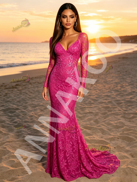 Shop 2026 ANNAKOO Fuchsia Long Sleeve V Neck Lace Trumpet Mermaid Prom Dress Under 189