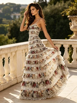 Shop 2026 ANNAKOO Spaghetti Straps Sequin Print Ruffles A Line Prom Dress Under 229