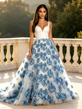 White Satin V Neck Tulle 3D Rose Flower Prom Dress