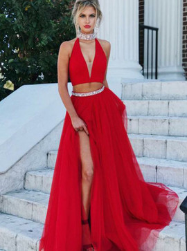 Beading Split Red Tulle Two Piece Halter Low Cut  Prom Dress