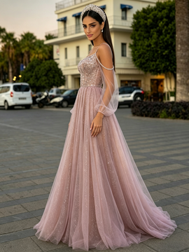 Shop 2026 ANNAKOO Spaghetti Straps Cold Shoulder A Line Pink Long Sleeve Prom Dress Under 259