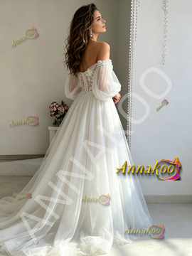 Shop 2026 ANNAKOO One Shoulder Long Sleeve Appliques Tulle  Wedding Dress Under 249