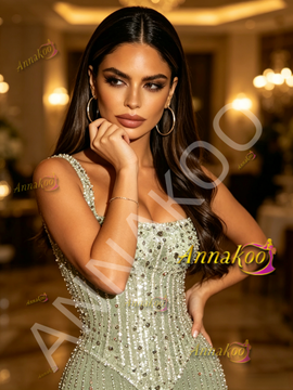 Straps Green Beading Trumpet Mermaid Sparkle Prom Dress