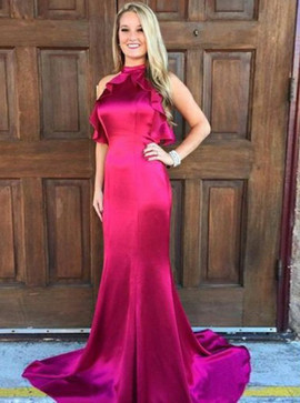 Ruffles Mermaid Jewel Open Back Fuchsia Elastic Satin Prom Dress