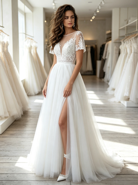 Sheer Scoop A Line Tulle Cap Sleeve Wedding Dress With Slit