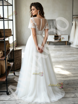 Sheer Scoop A Line Tulle Cap Sleeve Wedding Dress With Slit