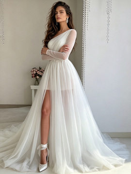 Shop 2026 ANNAKOO Asymmetrical Long Sleeve Tulle A Line White Wedding Dress With Slit Under 198