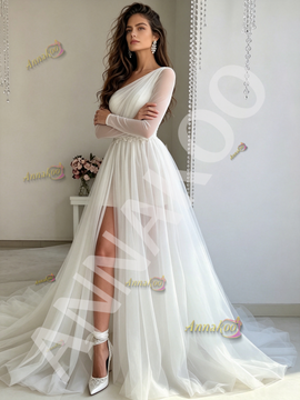 Shop 2026 ANNAKOO Asymmetrical Long Sleeve Tulle A Line White Wedding Dress With Slit Under 198