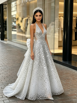 Shop 2026 ANNAKOO V Neck Beading A Line Sequin Beading Silver Tulle Prom Dress With Bow Under 498
