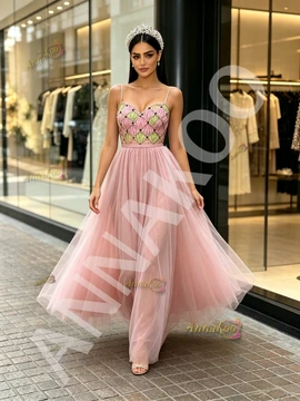 Shop 2026 ANNAKOO Spaghetti Straps Pearls Tulle A Line Pink Prom Dress Under 198
