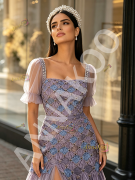 Shop 2026 ANNAKOO Square Short Sleeve Beading Tulle Purple Prom Dress Under 229