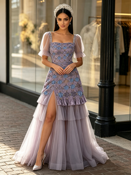 Shop 2026 ANNAKOO Square Short Sleeve Beading Tulle Purple Prom Dress Under 229